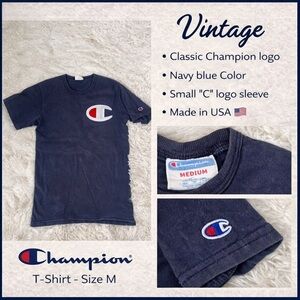 Vintage Champion Logo T-Shirt Navy Big C Logo TeeMedium Classic Athletic Shirt